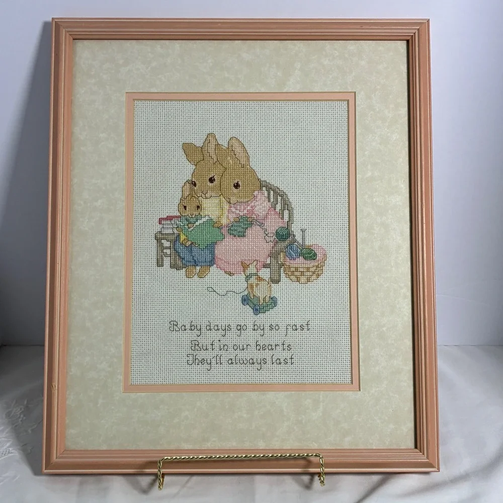 Handmade Framed Cross Stitch Nursery Art Bunny Family Baby Days Poem Cottage
